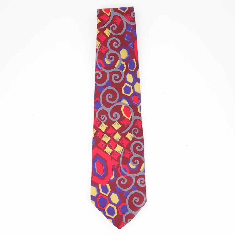 Vtg Geoffrey Beene Silk Tie Men 56 in Red Bright Multicolor Geo Abstract Wide